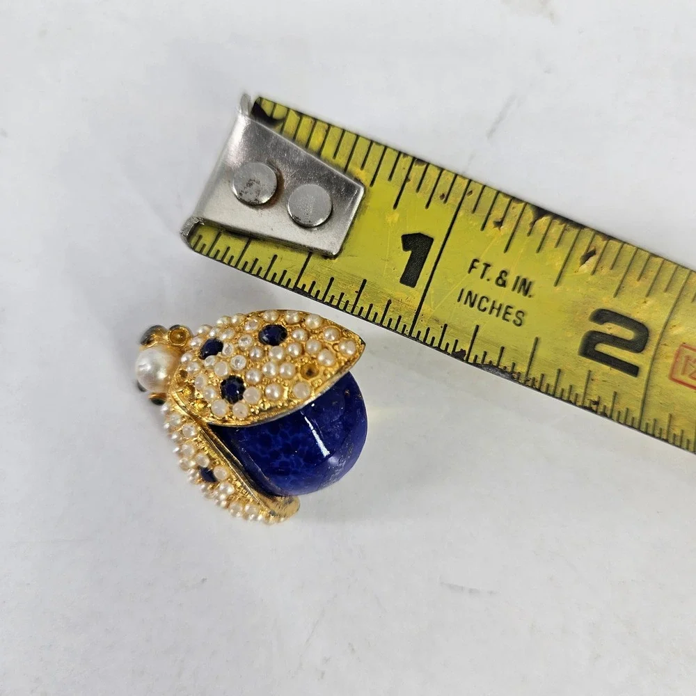 Carlyle Vintage Gold Tone Ladybug Brooch Faux Pearl‎ Blue Lapis Cabochon Beetle